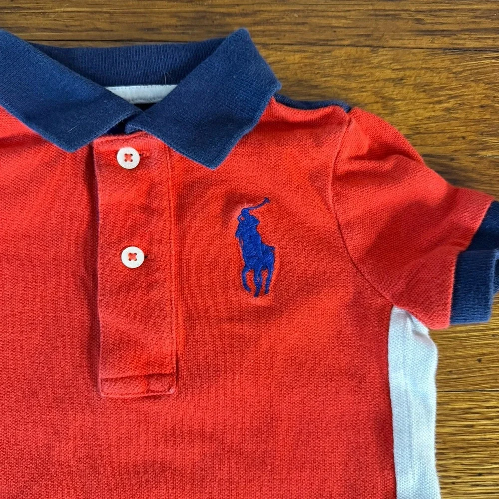 Ralph Lauren Baby 12M Colorblock Piqué Cotton Collared Romper Emb Logo SS